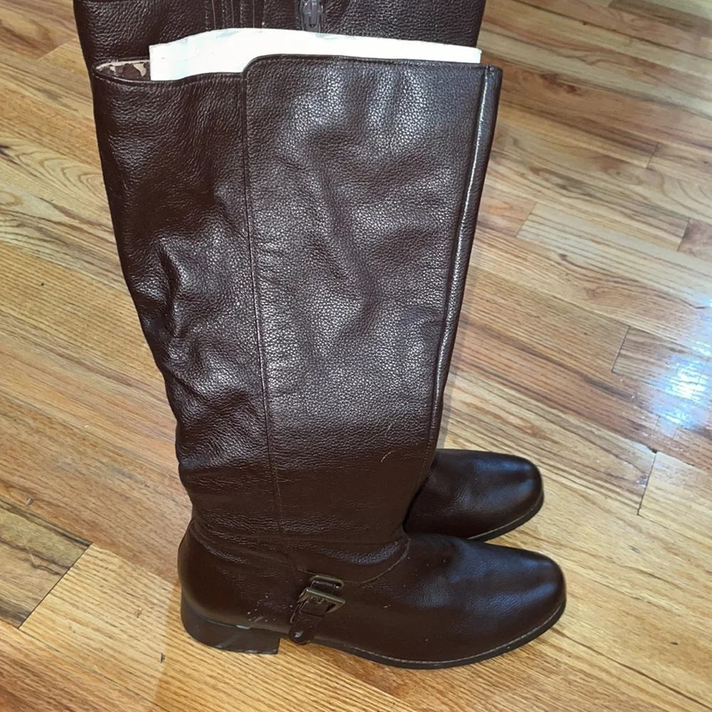 NEW Flat Genuine LEATHER KNEE HIGH WIDE CALF PLUS BOOTS Brown 10